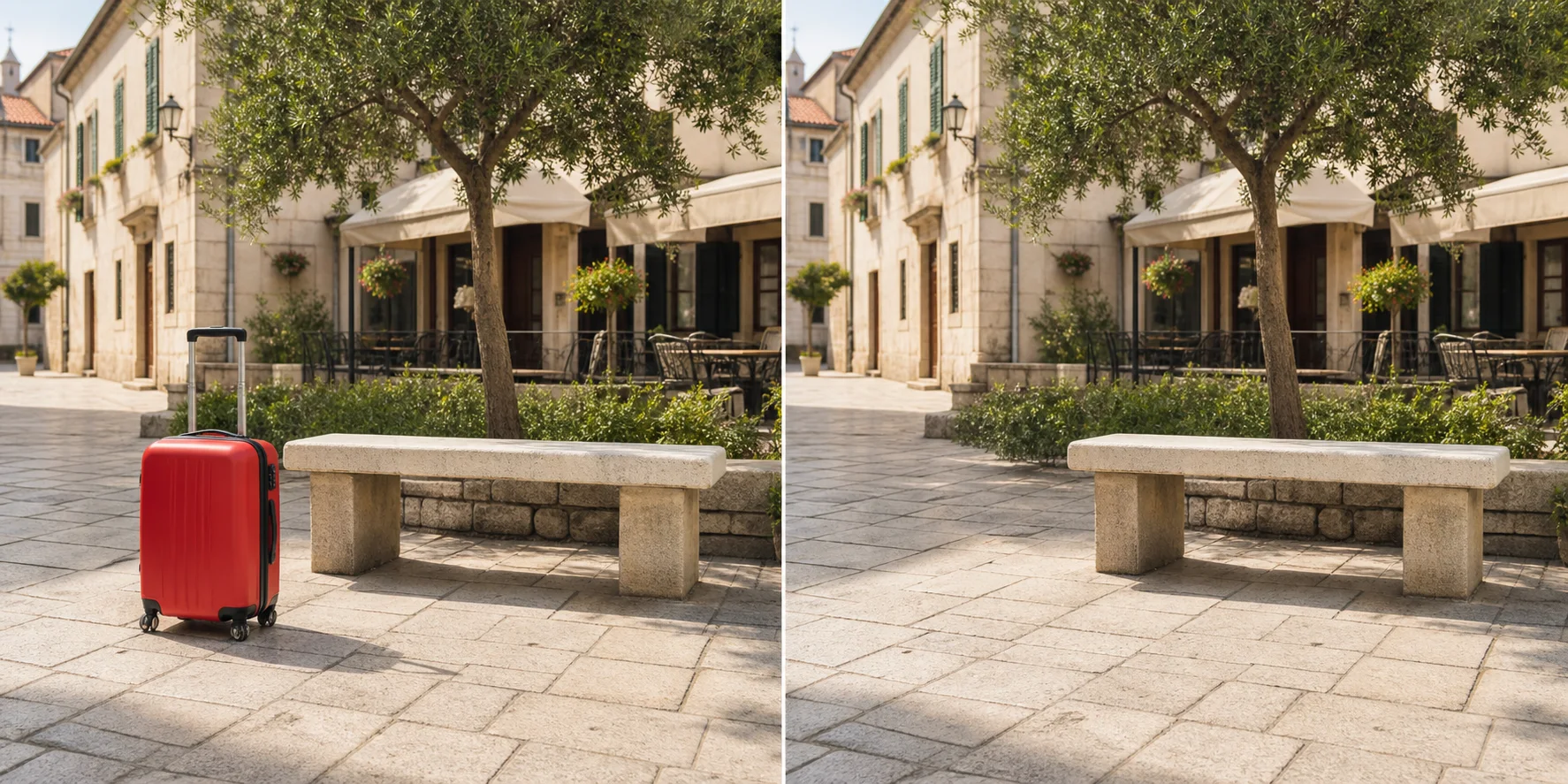 Vorher-Nachher-Beispiel eines mit KI aus einem Platzfoto entfernten roten Koffers