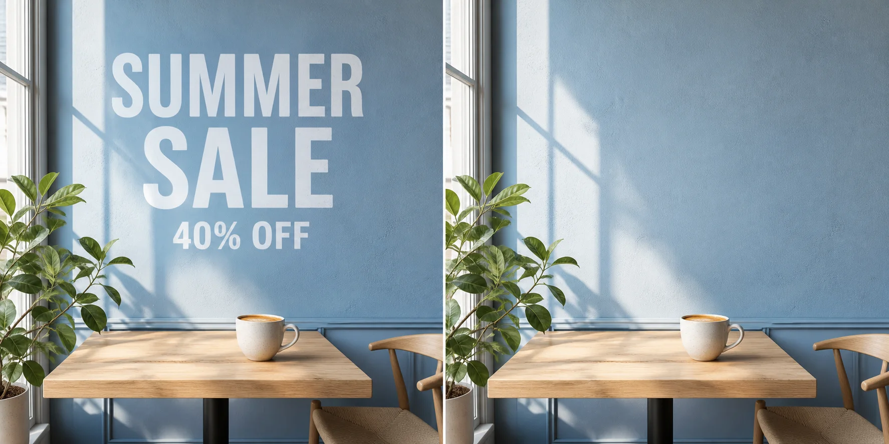 Before-and-after example of promotional text removed from a blue cafe wall with AI