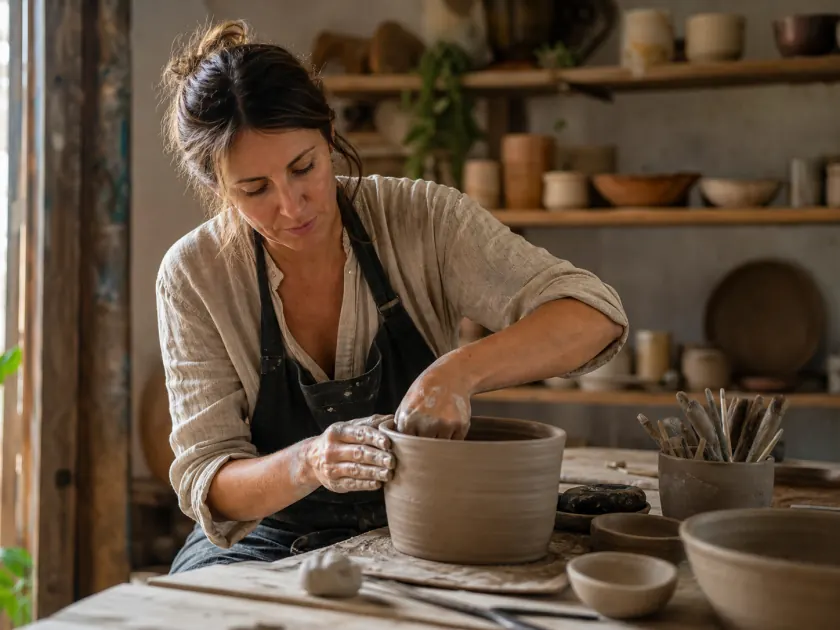Environmental portrait of a ceramic artist shaping a large clay vessel in a workshop, warm window light across natural skin and linen, handmade pottery fading into a shallow 50mm background, quiet focused mood and tactile editorial realism.
