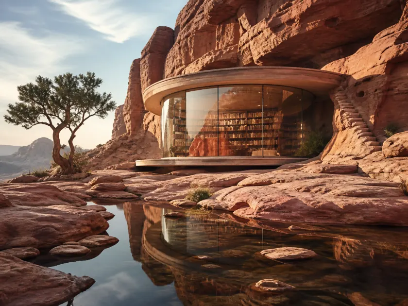 A circular glass library embedded in sunlit red desert cliffs above a shallow reflective pool, framed by one sculptural tree; sweeping editorial architecture photography with warm stone, precise glass reflections, and serene late-afternoon light.