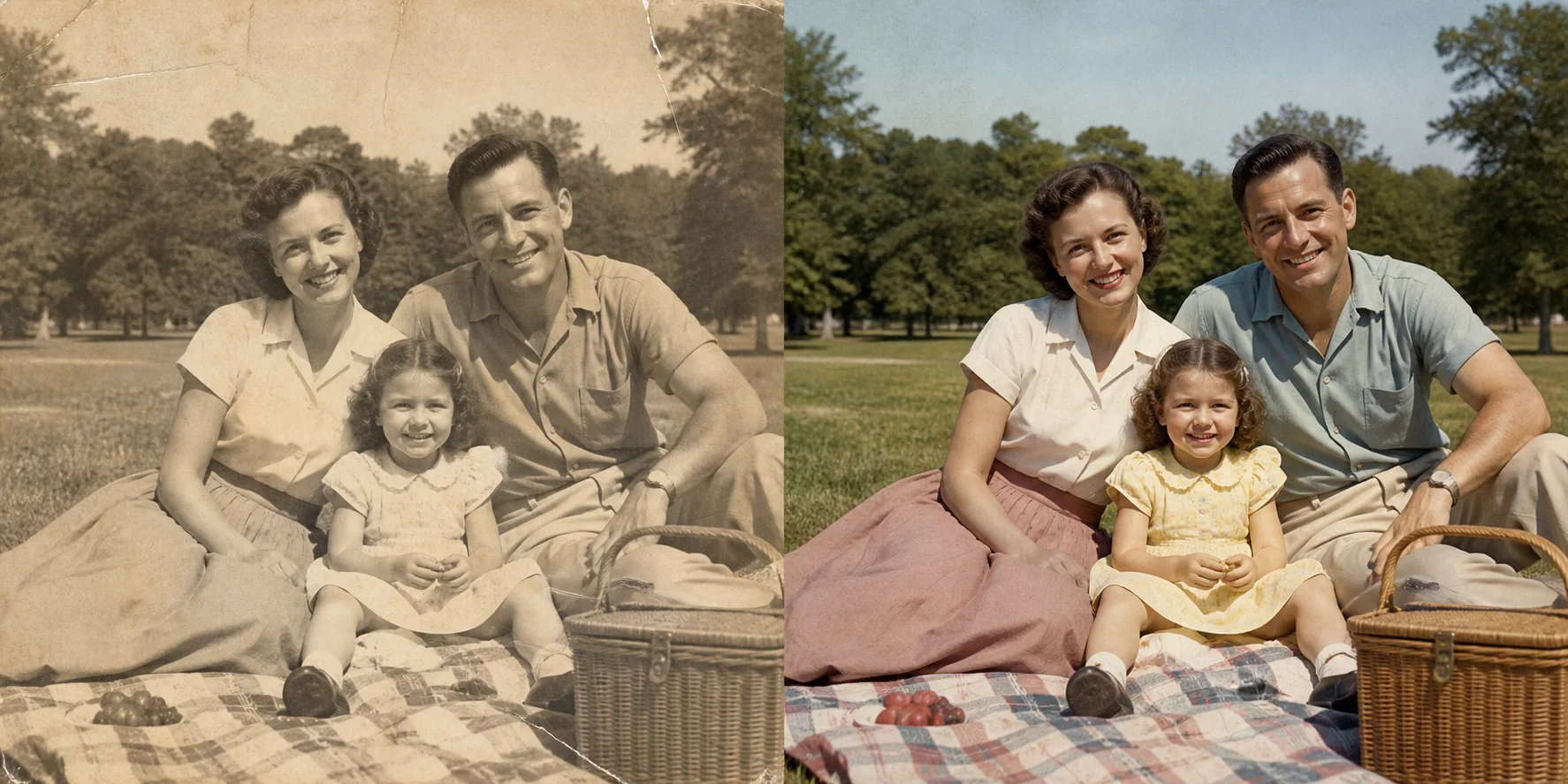 1950년대 퇴색한 가족 사진의 인공지능 복원과 자연스러운 채색 전후
