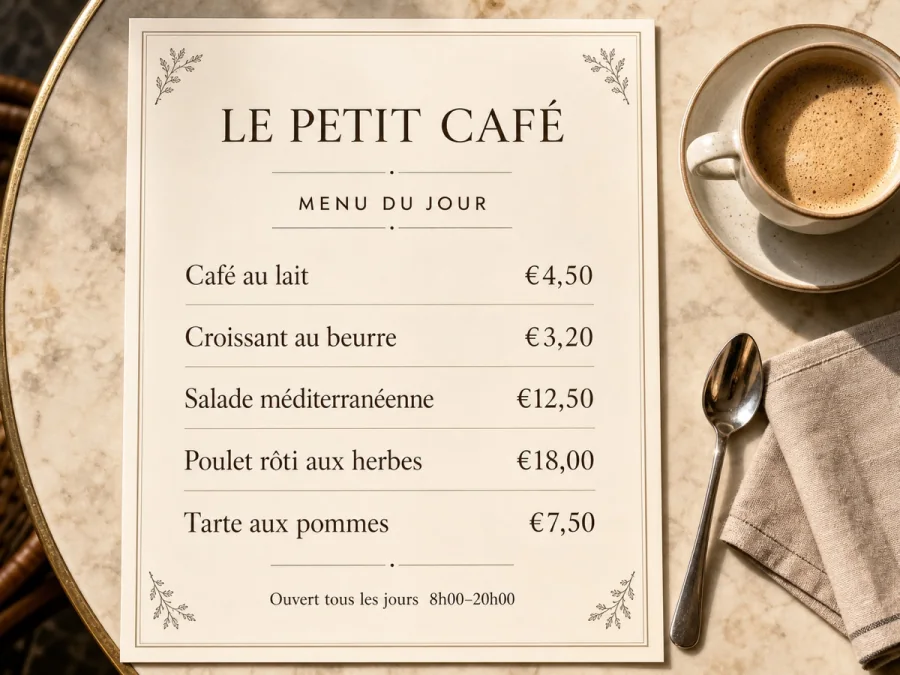 Original French cafe menu with dish names and euro prices